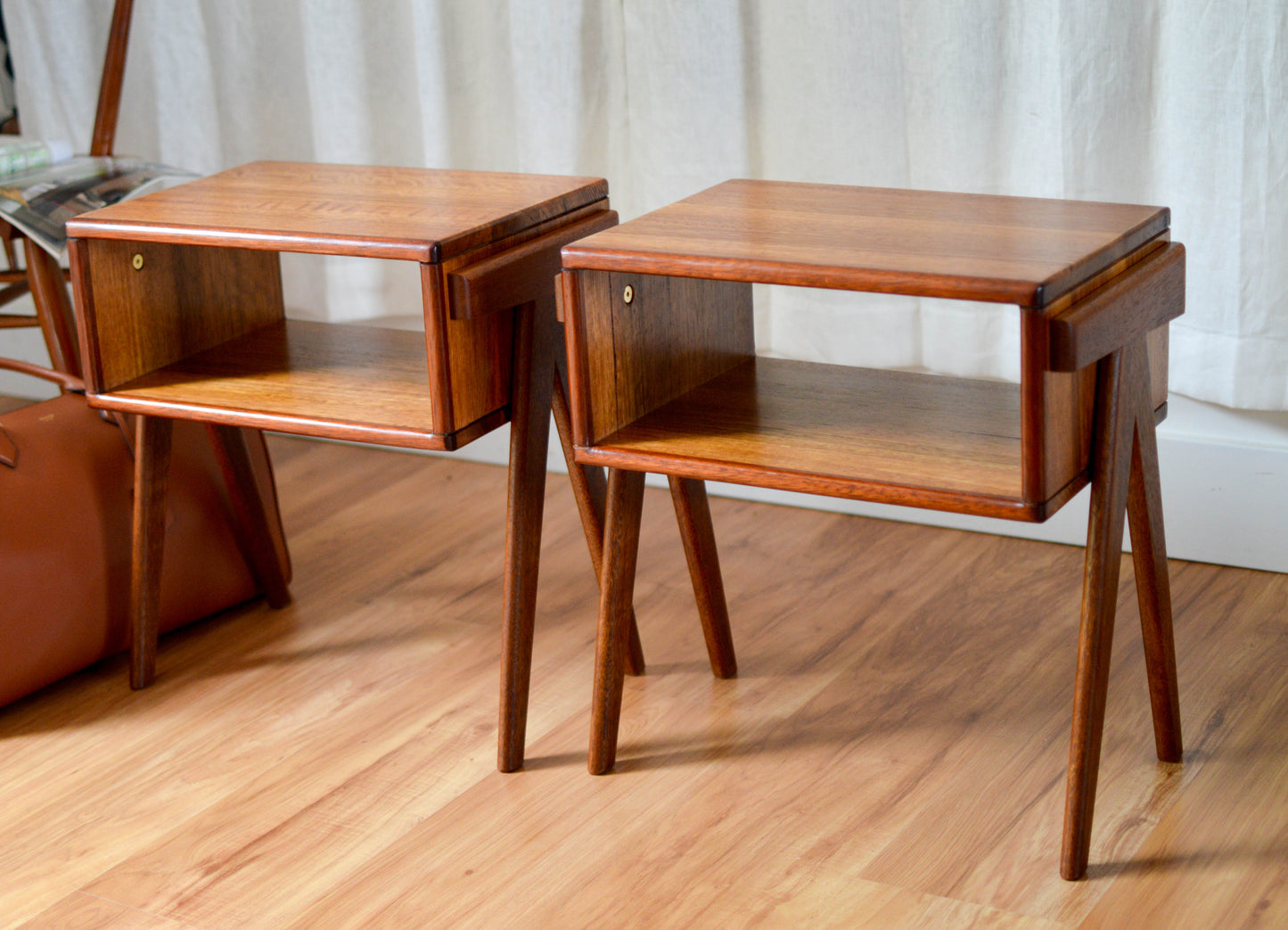 Handmade Tasmanian oak bedside table with Merbau hardwood legs