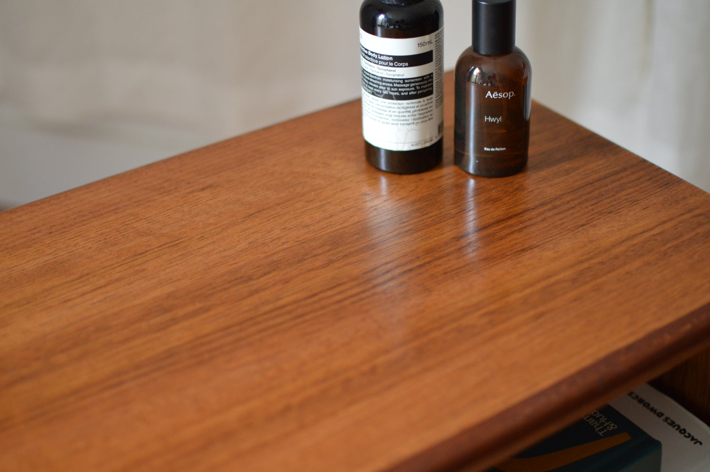 Mid century modern bedside table showing detailed craftsmanship and wood grain