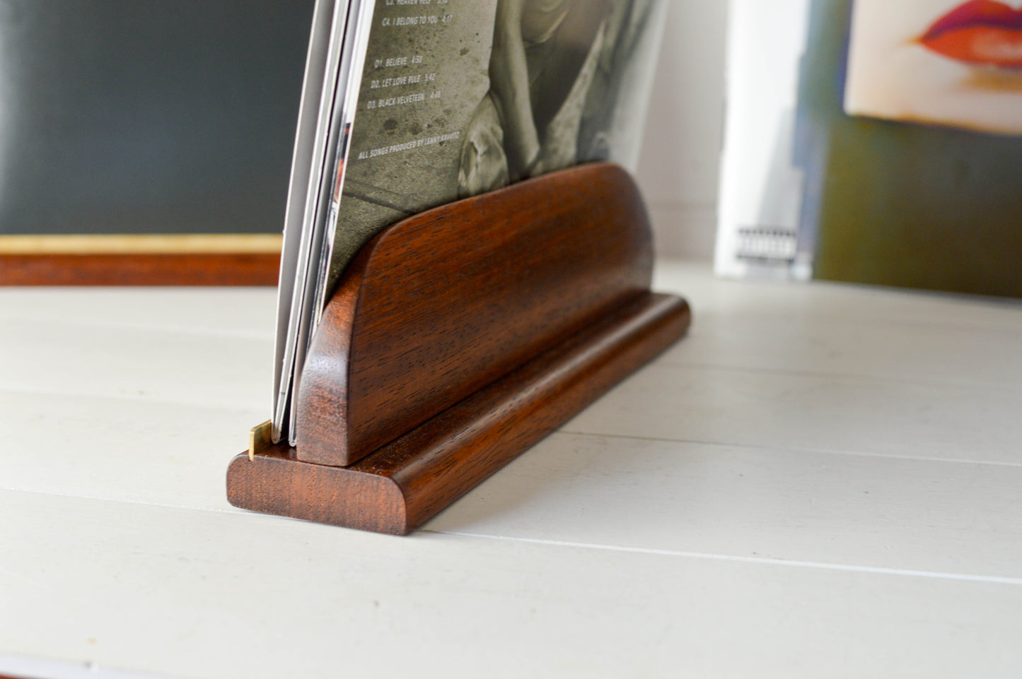 Vinyl Record Stand /Now Playing LP Holder/ mid century style solid wood and brass