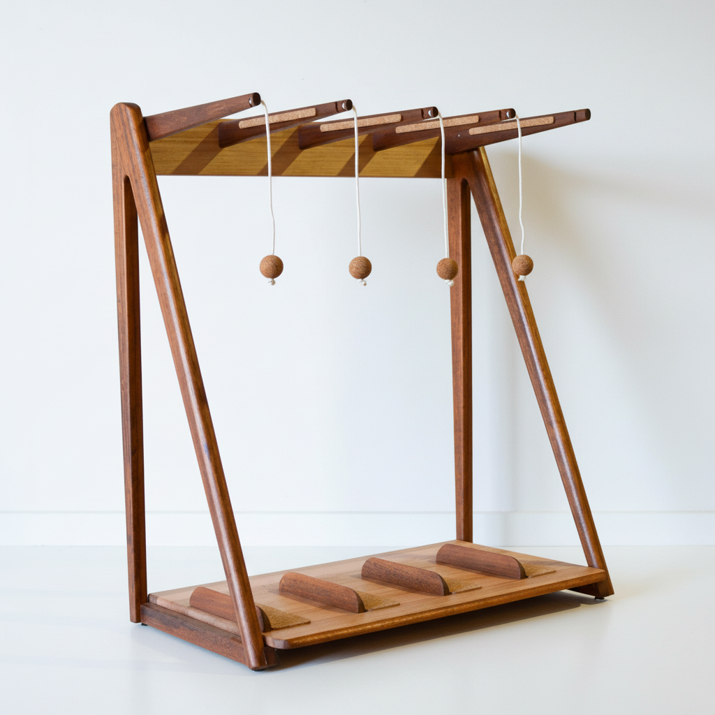 Handcrafted mid-century modern surfboard rack in walnut-stained Tasmanian oak, with marine rope and wooden bead detail, made in Sydney by MCM Atelier